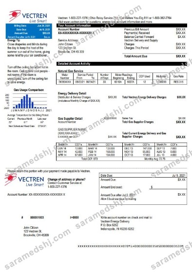 USA Ohio Vectren Energy utility bill template in Word and PDF format